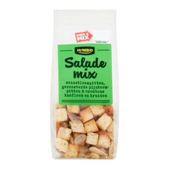 Jumbo Jumbo salade mix zonnebloempitten, geroosterde pijnboompitten & croutons knoflook en kruiden 25g aanbieding