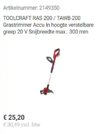 Conrad Toolcraft ras-200/ tawb-200 grastrimmer accu in hoogte verstelbare greep 20 v snijbreedte max.: 300 mm aanbieding