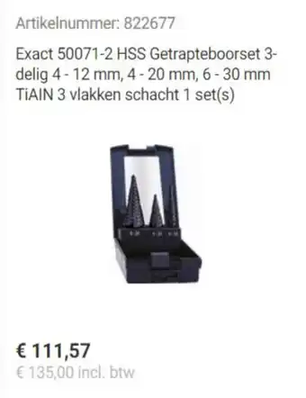 Conrad Exact 50071-2 hss getrapteboorset 3-delig 4 - 12 mm, 4-20 mm, 6-30 mm tiain 3 vlakken schacht 1 set(s) aanbieding