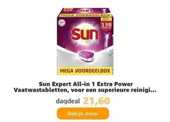 Amazon Sun expert all-in 1 extra power vaatwastabletten, voor een superieure reiniging - 6 x 23 tabletten - voordeelverpakking aanbieding