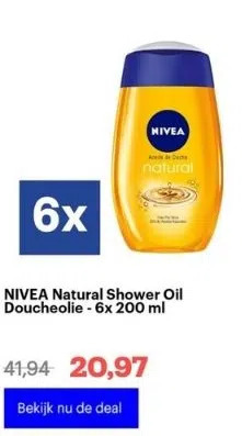 Bol.com Nivea natural shower oil doucheolie - 6x 200 ml aanbieding