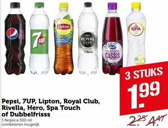 Coop Pepsi, 7UP, Lipton, Royal Club, Rivella, Hero, Spa Touch of Dubbelfrisss 500ml aanbieding