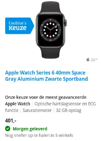 Coolblue Apple Watch Series 6 40mm Space Gray Aluminium Zwarte Sportband aanbieding