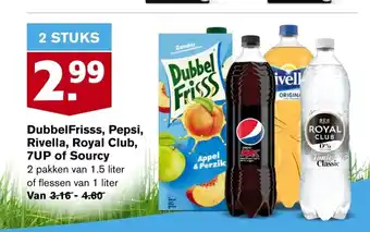 Hoogvliet DubbelFrisss, Pepsi, Rivella, Royal Club, 7UP of Sourcy aanbieding