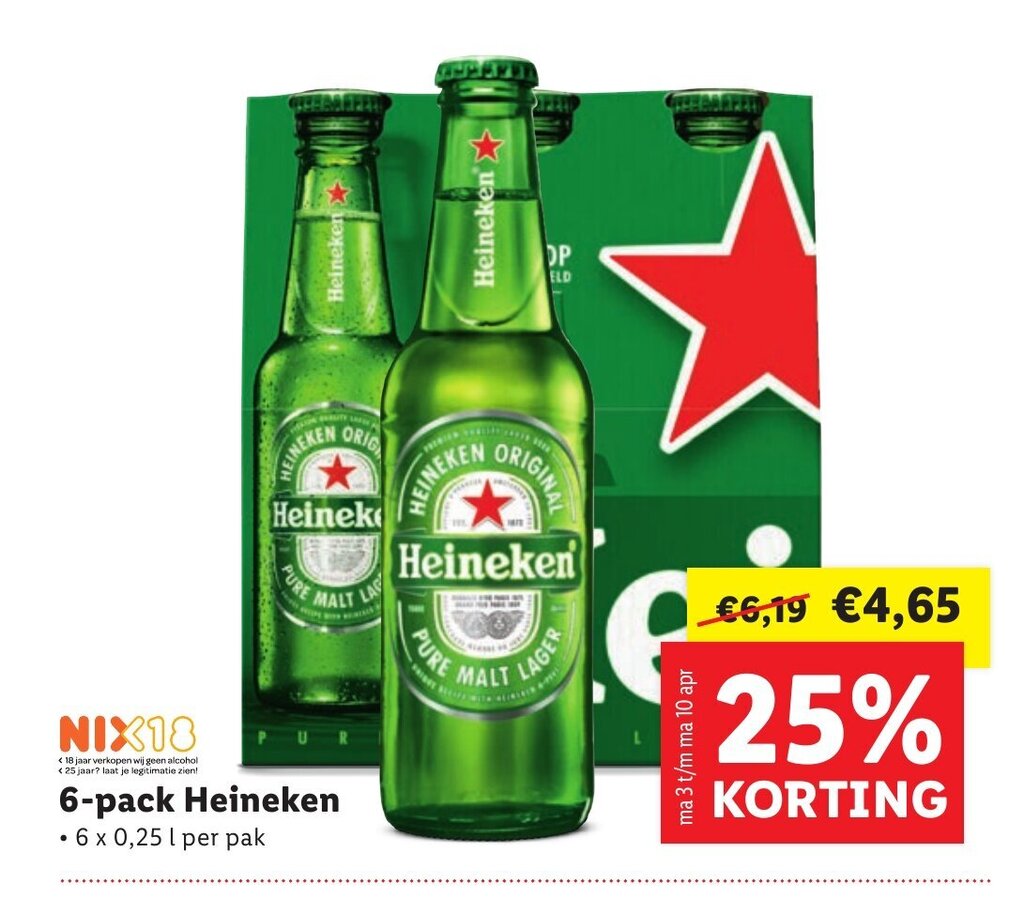 Heineken 6 x 0,25 l aanbieding bij Lidl