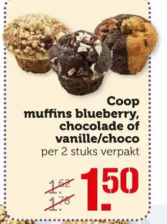 Coop Coop muffins blueberry, chocolade of vanille/choco aanbieding