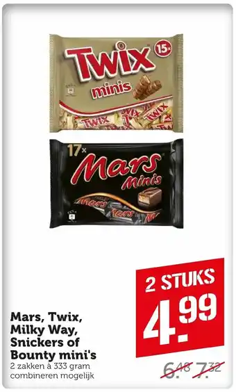 Coop Mars, twix, milky way, snickers of bounty mini's 333g aanbieding