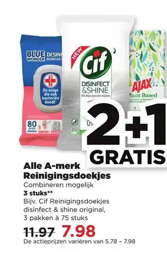 PLUS Alle a-merk reinigingsdoekjes 2+1 gratis aanbieding