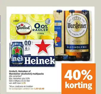 Albert Heijn Grolsch, heineken of warsteiner alcoholvrij multipacks 40% korting aanbieding