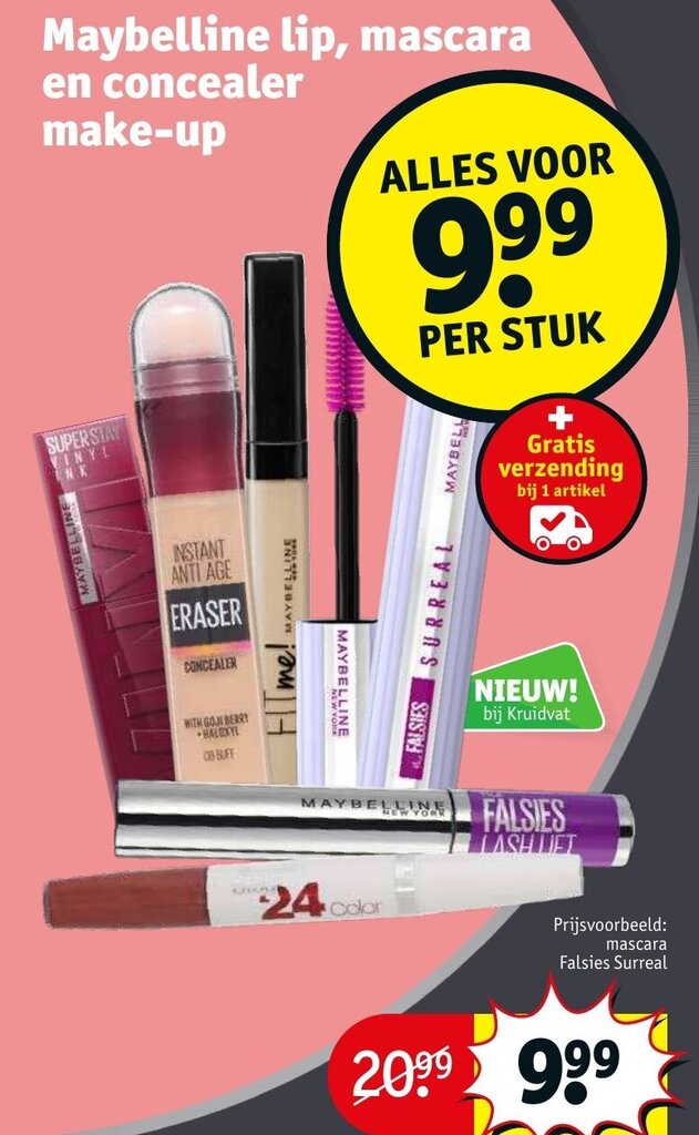 Maybelline lip, mascara en concealer makeup aanbieding bij Kruidvat