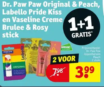 Kruidvat Dr. paw paw original & peach, labello pride kiss en vaseline creme brulee & rosy stick aanbieding