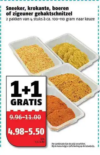 Poiesz Sneeker, krokante, boeren of zigeuner gehaktschnitzel 1+1 gratis aanbieding