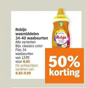 Albert Heijn Robijn Wasmiddelen 34-40 Wasbeurten 50% Korting aanbieding