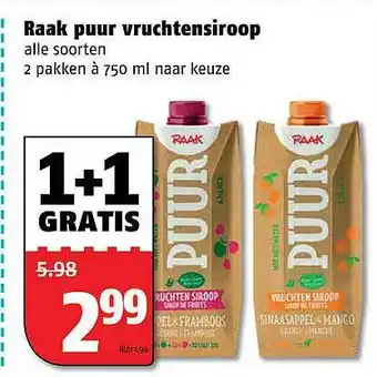 Poiesz Raak Puur Vruchtensiroop 1+1 Gratis aanbieding