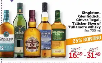 Coop Singleton, glenfiddich, chivas regal, talisker skye of tullamore whisky 700ml aanbieding