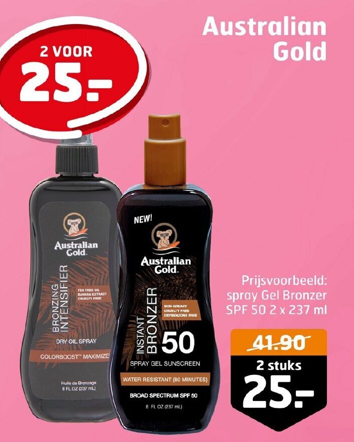 Australian Gold spray gel bronzer SPF 50 2x237ML aanbieding bij