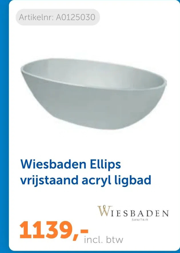 Warmteservice Wiesbaden ellips vrijstaand acryl ligbad aanbieding