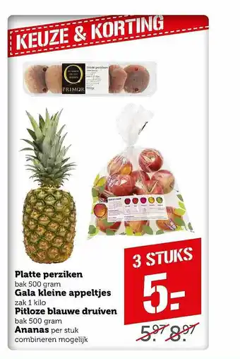 Coop Platte Perziken, Gala Kleine Appeltjes, Pitloze Blauwe Druiven Of Ananas aanbieding