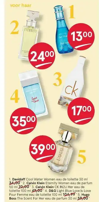 Etos Davidoff Cool Water Women Eau De Toilette, Calvin Klein Eternity Woman Eau De Parfum, Calvin Klein CK IN2U Her Eau De Toilett aanbieding