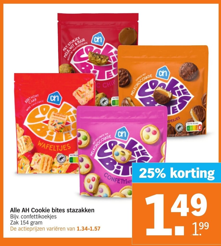 Alle AH cookie bites stazakken 154g aanbieding bij Albert Heijn