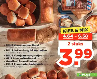 PLUS Plus korenlanders rond volkoren, bruin of wit, heel brood, gesneden plus lekker lang lekker bollen alle zakken à 8-12 stuks p aanbieding