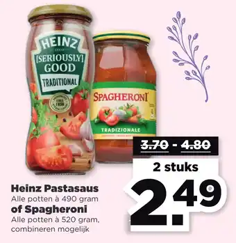 PLUS Heinz pastasaus alle potten à 490 gram of spagheroni alle potten à 520 gram, combineren mogelijk aanbieding