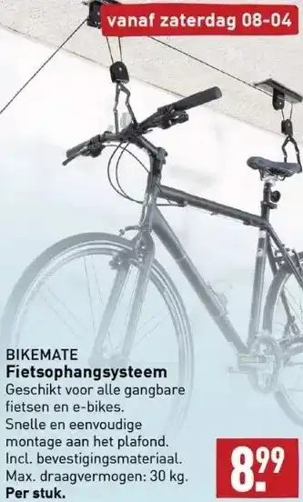 ALDI Fietsophangsysteem geschikt voor alle gangbare fietsen en e-bikes. snelle en eenvoudige montage aan het plafond. incl. bevest aanbieding