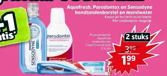 Trekpleister Aquafresh, parodontax en sensodyne handtandenborstel en mondwater aanbieding