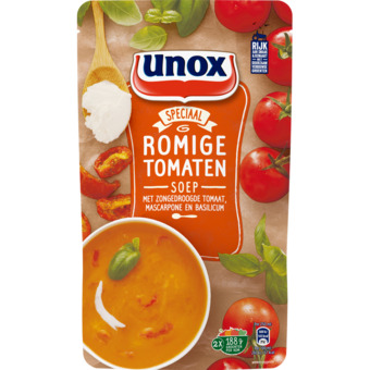 Jumbo Unox romige tomaten soep met zongedroogde tomaat, mascarpone en basilicum 570ml aanbieding