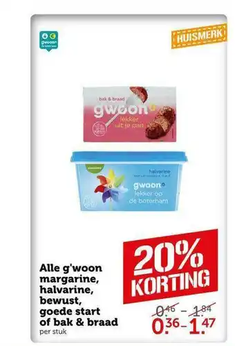 CoopCompact Alle G'woon Margarine, Halvarine, Bewust, Goede Start Of Bak & Braad 20% Korting aanbieding