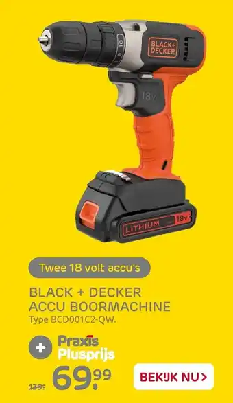 Praxis Black+Decker Accu boormachine | BCD001C2-QW aanbieding