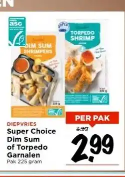 Vomar Voordeelmarkt Diepvries super choice dim sum of torpedo garnalen pak 225 gram aanbieding