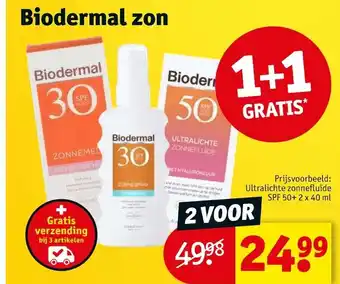 Kruidvat Biodermal zon ultralichte zonnefluide SPF 50 + 2 x 40ml aanbieding