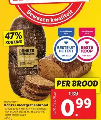 Lidl Donker meergranenbrood • stevig brood met een rijke melange van granen en zaden, zoals tarwe, gerst en boekweit aanbieding