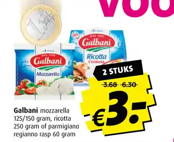 Boni Galbani mozzarella 125/150 gram, ricotta 250 gram of parmigiano regianno rasp 60 gram aanbieding