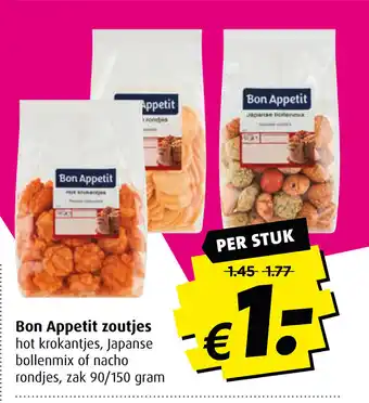 Boni Bon Appetit zoutjes hot krokantjes, Japanse bollenmix of nacho rondjes, zak 90/150 gram aanbieding