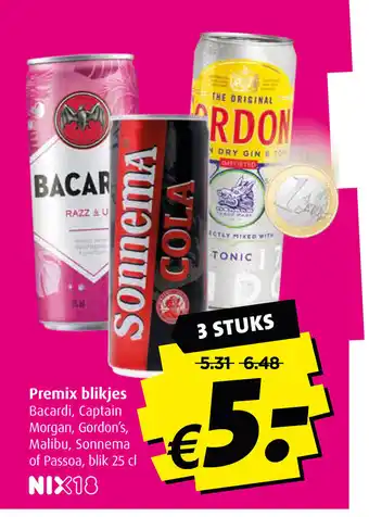 Boni Premix blikjes Bacardi, Captain Morgan, Gordon's, Malibu Sonnema of Passoa, blik 25 cl 3 stuks aanbieding