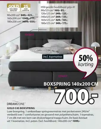 Jysk Dreamzone Gold C45 Boxspring 140x200 Cm 50% Korting aanbieding