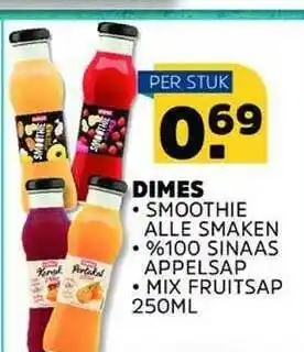 Sahan Supermarkten Dimes Smoothie, %100 Sinaasappelsap Of Mix Fruitsap 250ML aanbieding