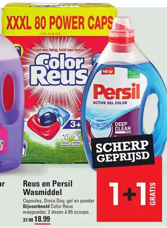 Sligro Reus en persil wasmiddel color reus waspoeder, 2 dozen a 65 scoops aanbieding