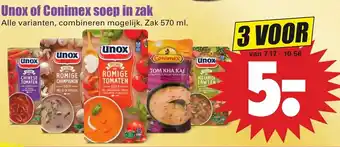 Dirk Unox of Conimex soep in zak 3*570ml aanbieding