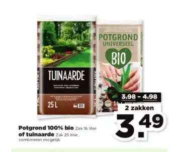 PLUS Potgrond 100% bio Zak 16 liter of tuinaarde Zak 25 liter, combineren mogelijk 2 zakken aanbieding