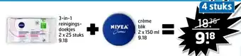 Trekpleister Nivea 3-in-1 reinigingsdoekjes 2x25 + creme blik 2x150ML aanbieding