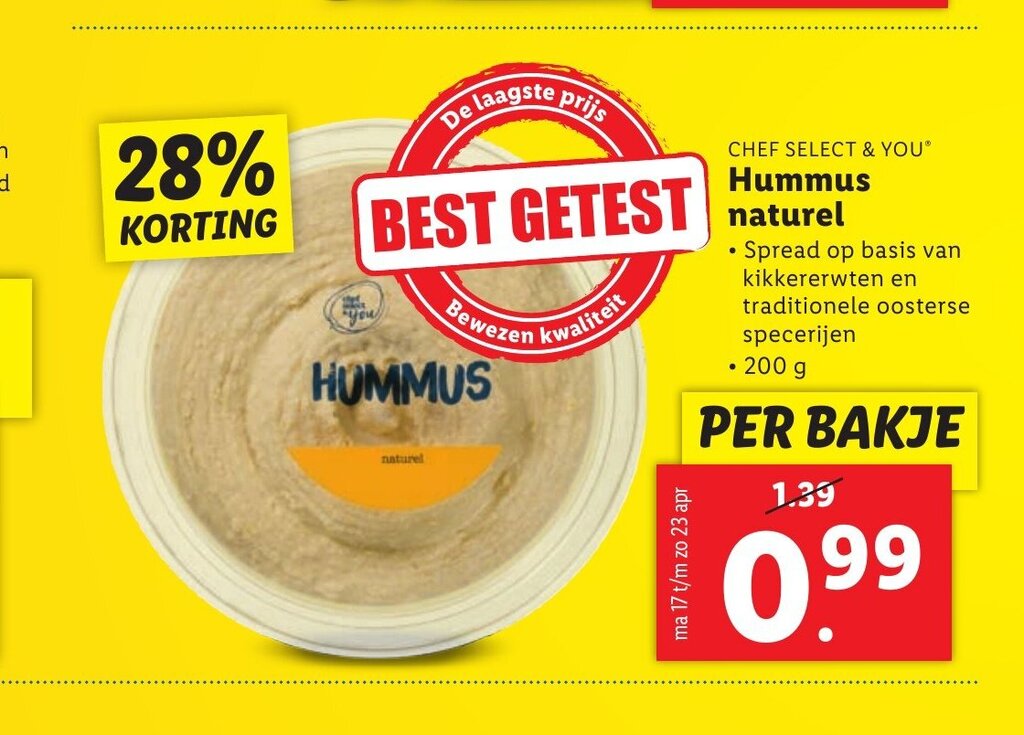 Chef select & you hummus naturel 200 g aanbieding bij Lidl