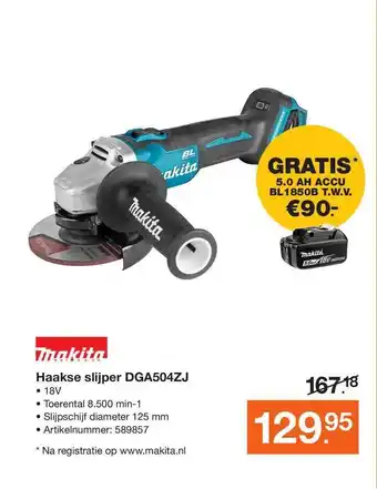 BOUWMAAT Makita Haakse Slijper DGA504ZJ aanbieding