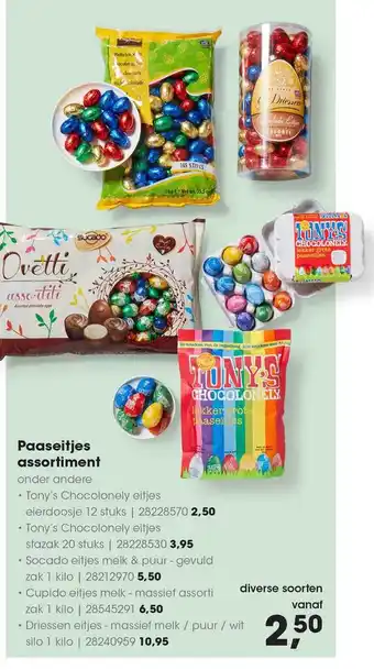 HANOS Paaseitjes Assortiment : Tony's Chocolonely Eitjes, Socado Eitjes Melk & Purr, Cupido Eitjes Melk - Massief Of Driessen Eitje aanbieding