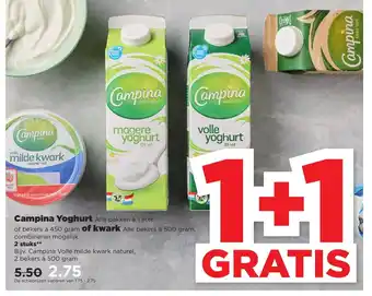 PLUS Campina volle milde kwark naturel 2 bekers a 500 gram aanbieding