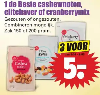 Dirk 1 de Beste Cashewnoten, elitehaver of cranberrymix 3*150/200g aanbieding