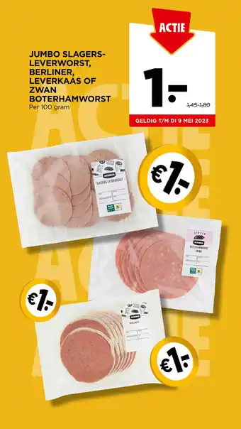 Jumbo Slagers-leverworst, berliner, leverkaas of zwan boterhamworst 100 gram aanbieding