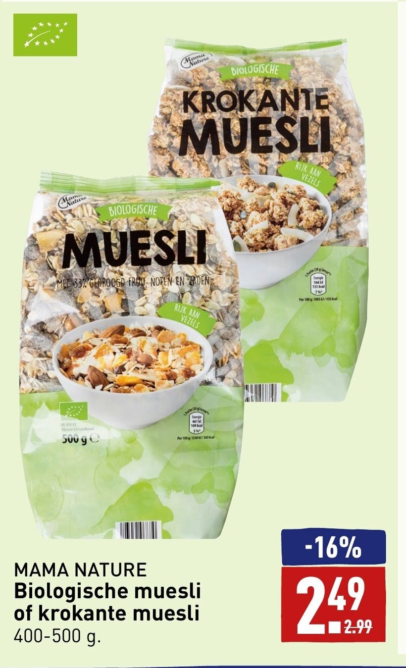 Mama Nature biologische muesli of kroknte muesli aanbieding bij ALDI